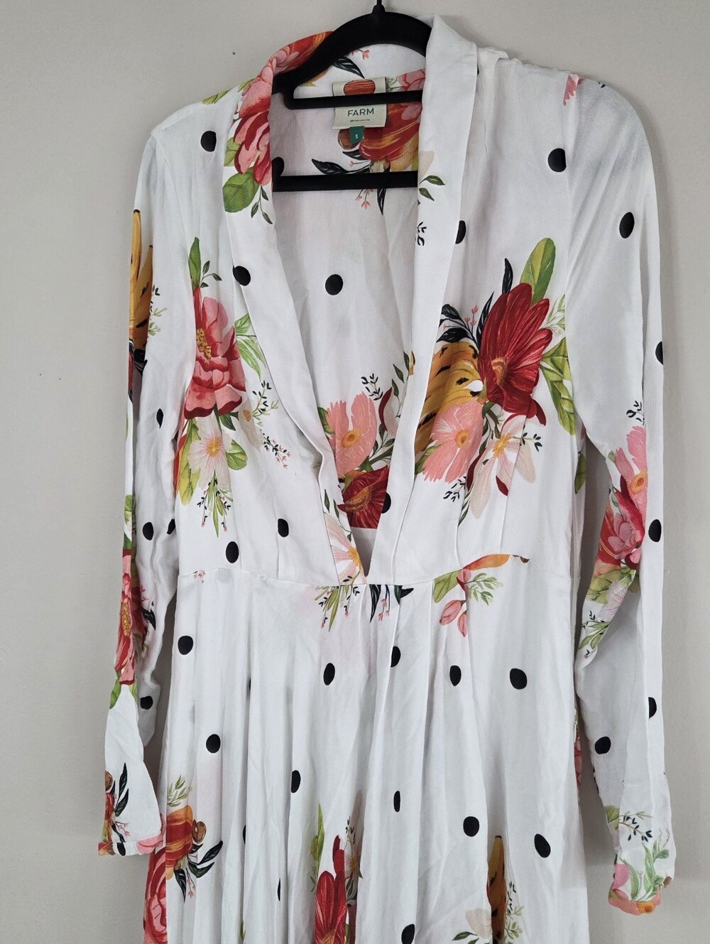 Farm Rio White Floral Polka Dot Maxi Dress Long Sleeve Womens Small Like New - Picture 2 of 15